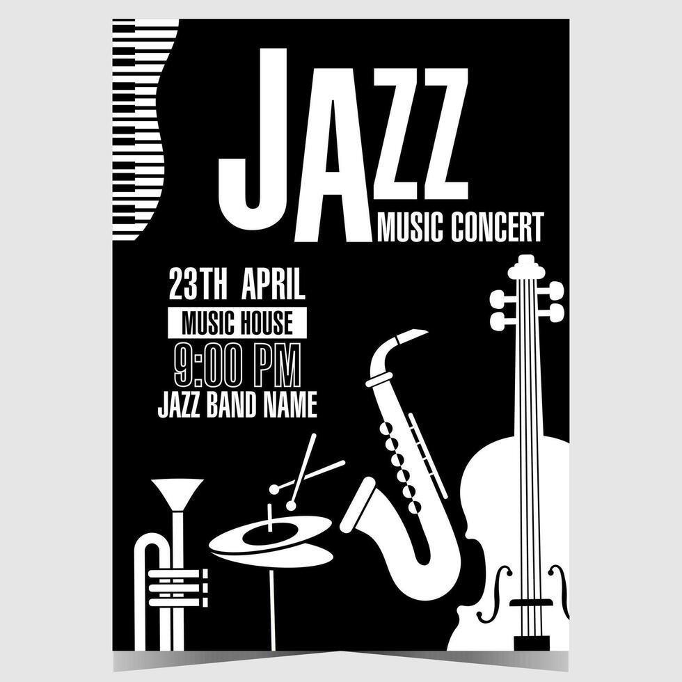 jazz- muziek- concert poster of banier met musical instrumenten zo net zo saxofoon, trompet, cello, hallo en piano sleutels in zwart en wit. uitnodiging voor jazz- festival of leven instrumentaal muziek- show. vector