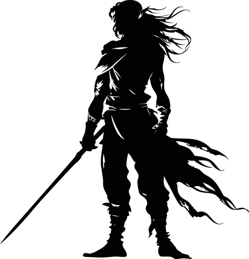 ai gegenereerd silhouet elf of elfen mythisch ras van spel krijger houden zwaard zwart kleur enkel en alleen vector