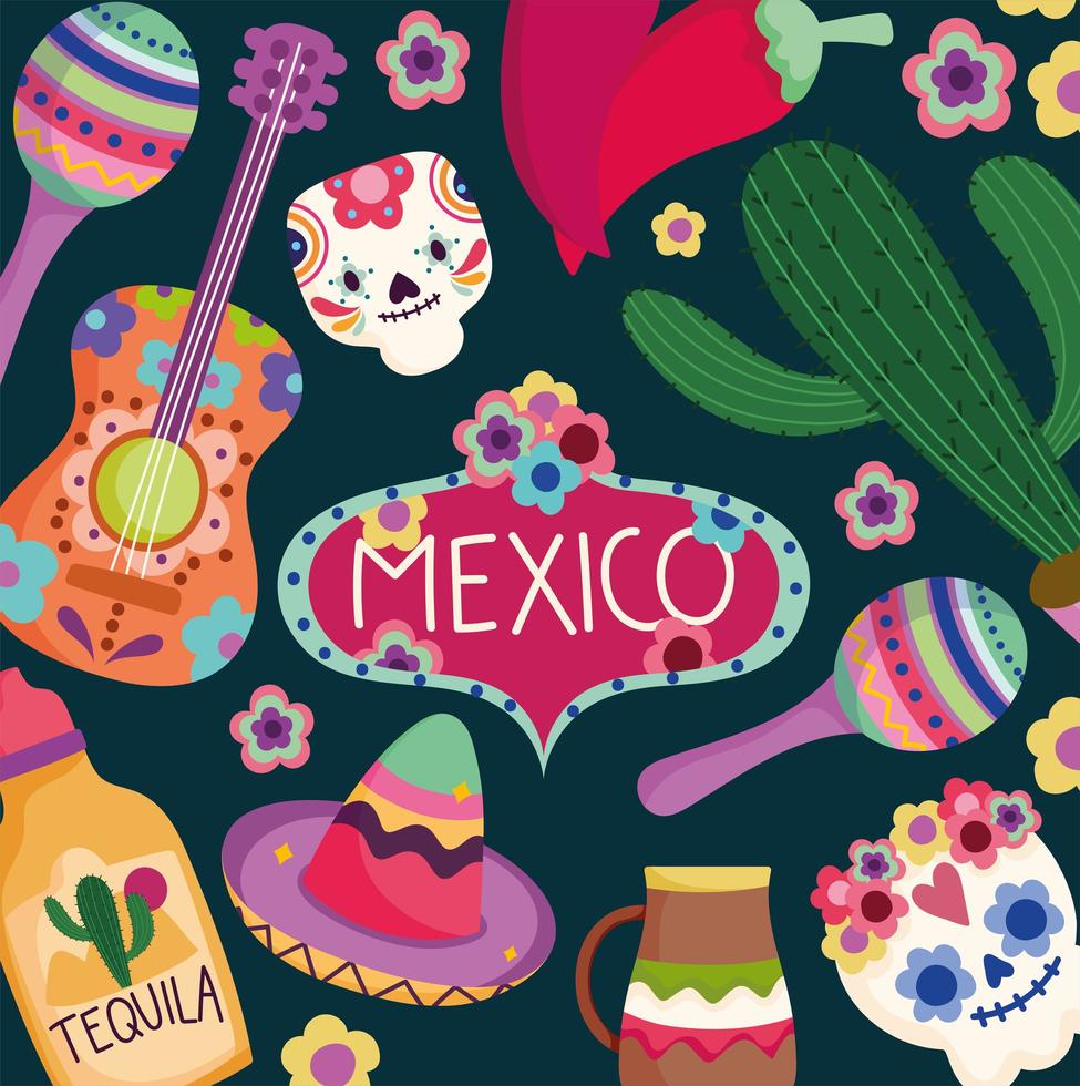 mexico dag van de dode cultuur traditionele tequila cactus schedel gitaar feestelijke achtergrond vector