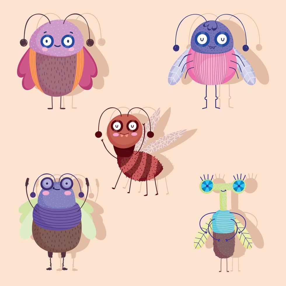 grappige insecten dieren cartoon met schaduw iconen set vector