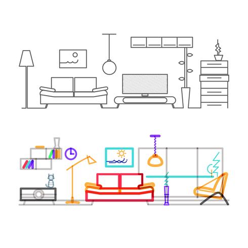 Dunne lijn platte ontwerp van moderne woonkamer met meubels, kleurenversie van de lijnen in de overlay-modus kleur. vector