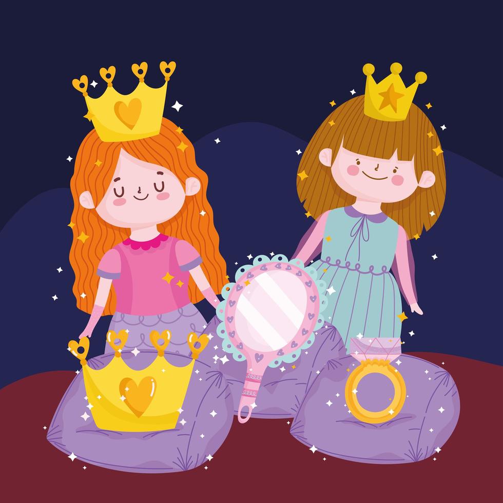 prinsessen met kroon spiegel ring magische verhaal cartoon vector