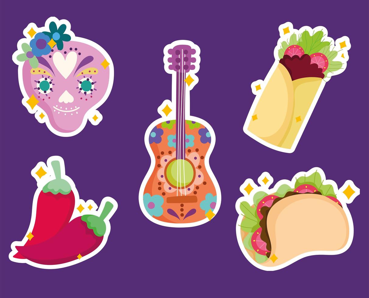 mexico suiker schedel gitaar en eetcultuur traditionele pictogrammen sticker vector