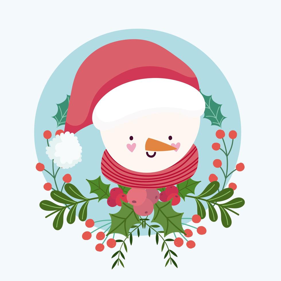 vrolijk kerstfeest schattige sneeuwpop in krans met hulstbes cartoon vector