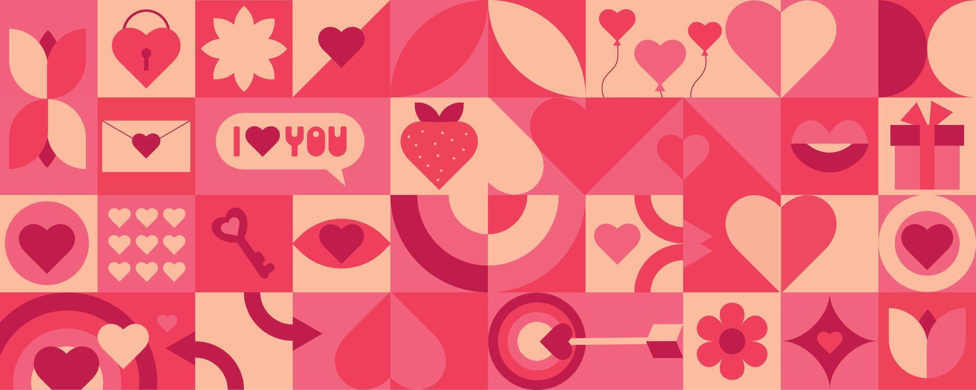 meetkundig naadloos patroon voor Valentijnsdag dag. vector illustratie voor verpakking, omslag, banier, web ontwerp. achtergrond in mozaïek- stijl geometrie hart, lippen, bloem, pijl, ogen.