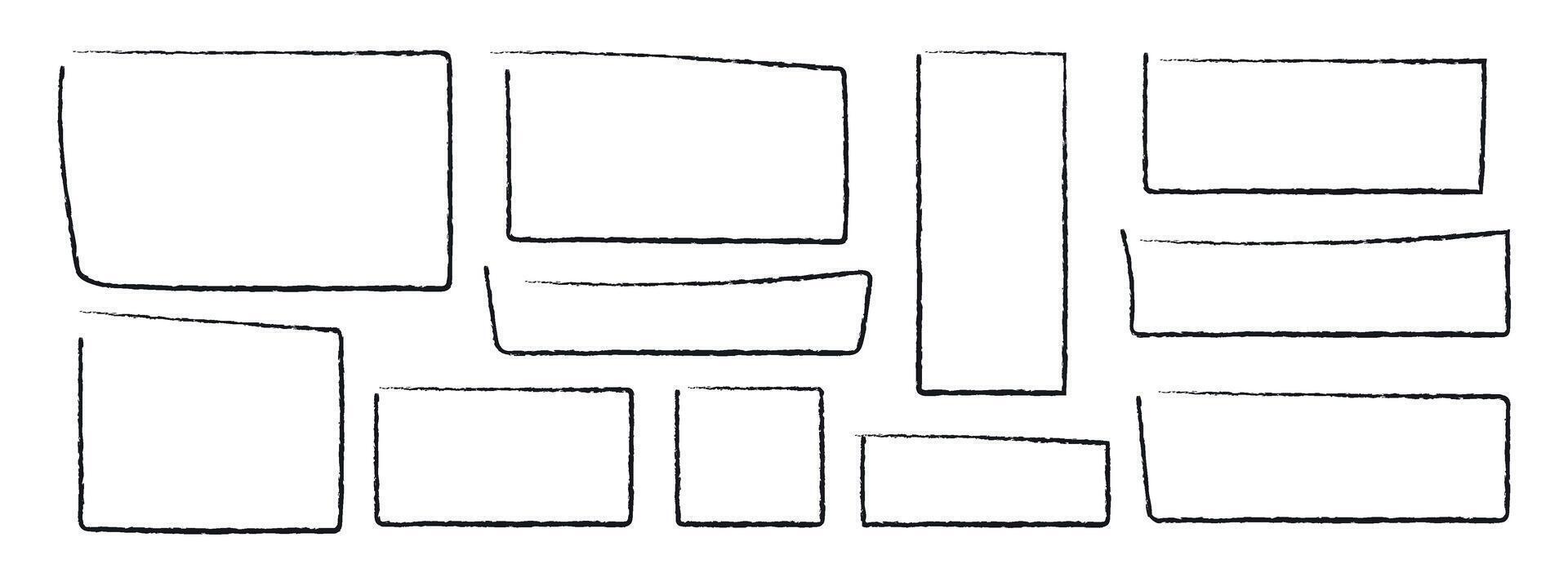 hand- getrokken plein kozijnen. rechthoekig grunge borders gemaakt door hand. modern vector illustratie. hand- getrokken ontwerp voor sjabloon, tekst, toespraak, Opmerking, tekening.