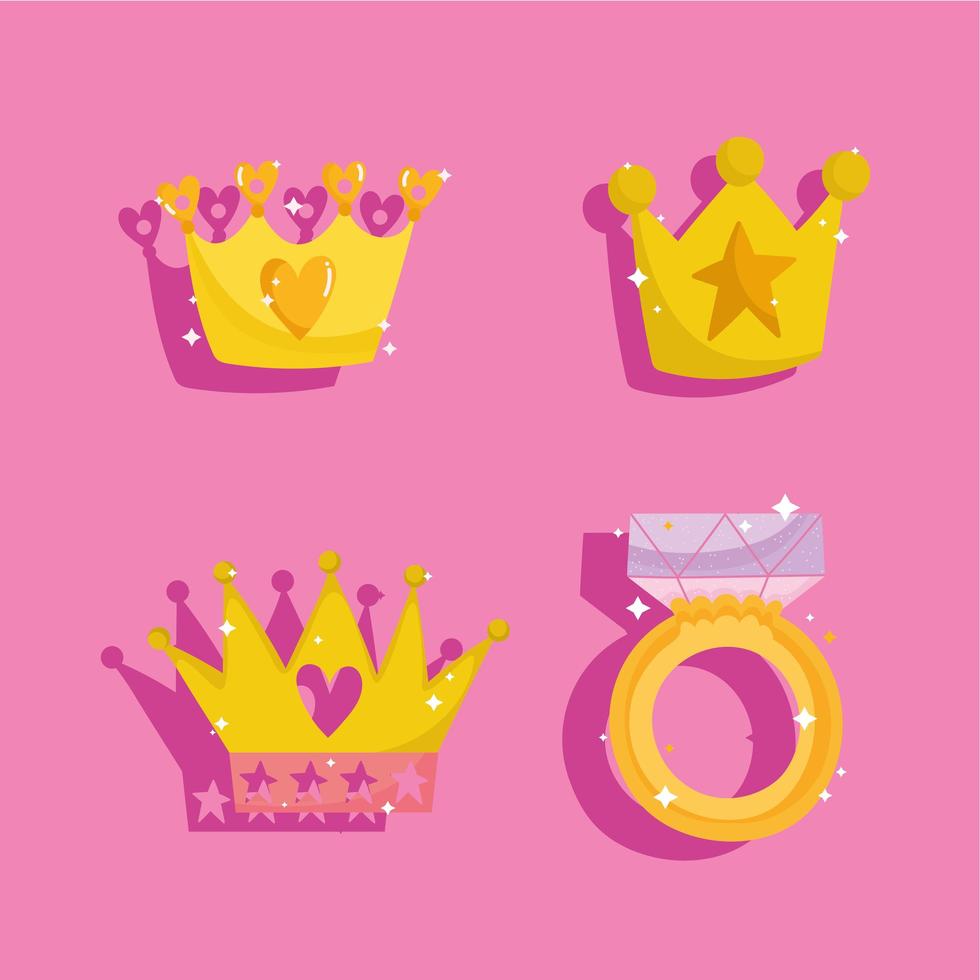 prinses verhaal set pictogrammen kronen en ring met edelsteen cartoon vector