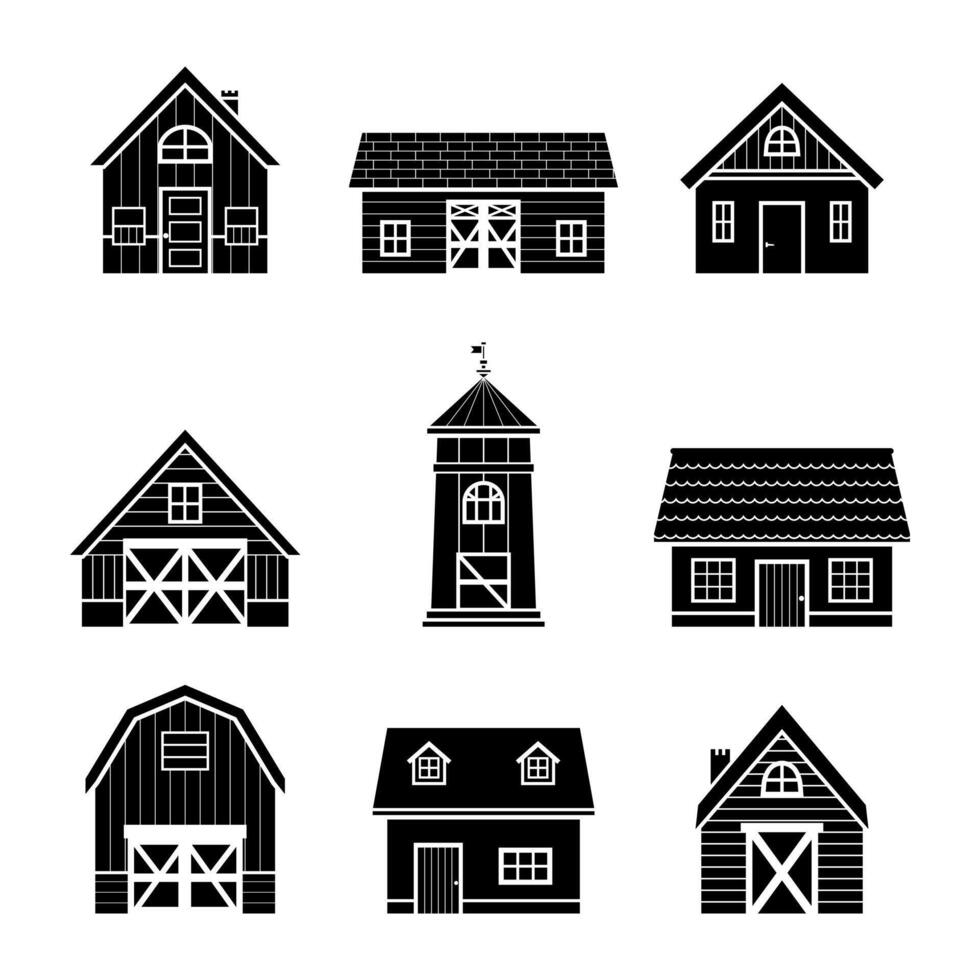 boerderij huizen en schuur silhouet pictogrammen set. vector illustratie in vlak stijl. geïsoleerd tekenfilm graanschuur verzameling