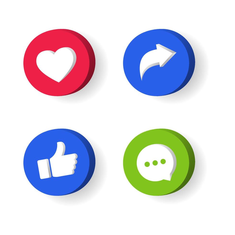 sociale media icon set duimen, commentaar, delen en liefde 3D-stijl vector