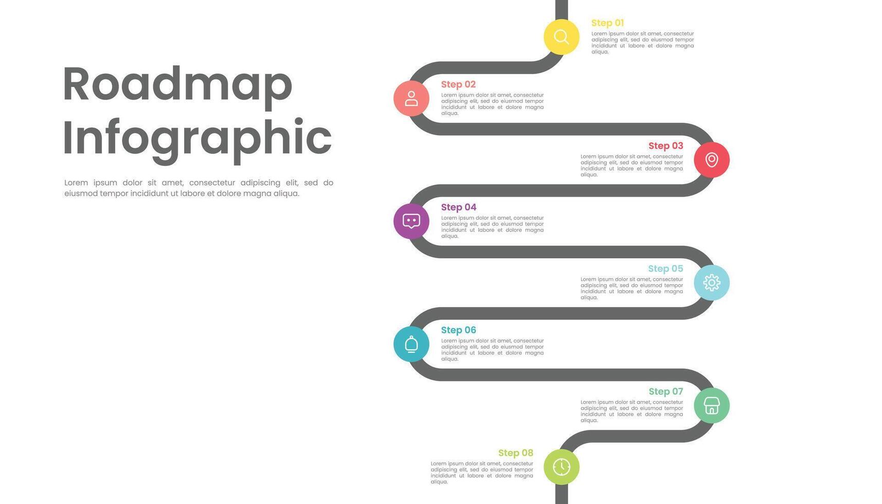 routekaart infographic sjabloon ontwerp met 8 stappen en pictogrammen vector