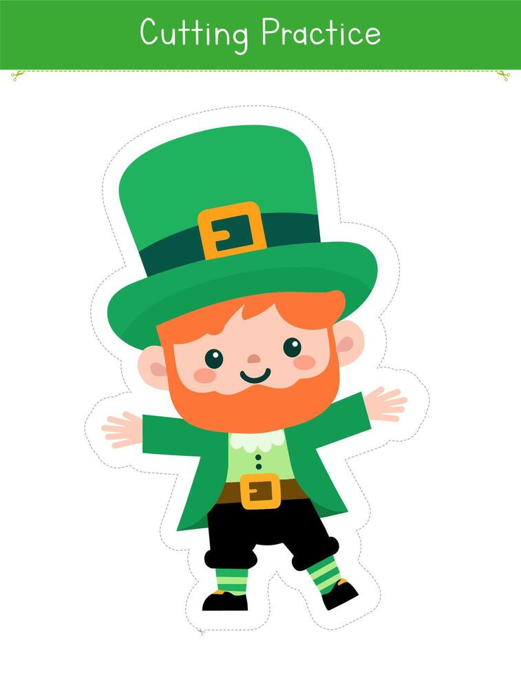 snijdend praktijk werkzaamheid voor peuter- en kleuterschool voor st. Patrick dag met schattig elf van Ierse folklore. leerzaam spel voor kinderen vector