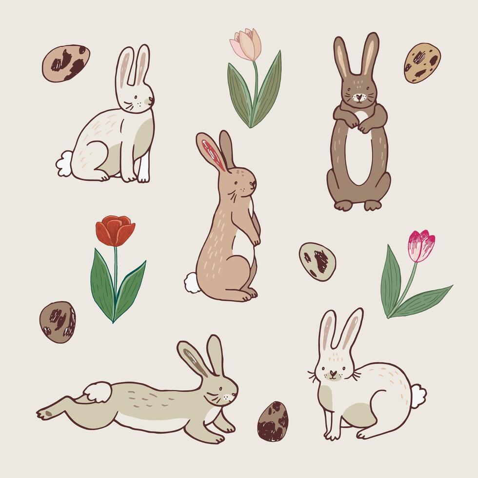 Pasen konijnen, eieren en bloemen vector illustraties set.