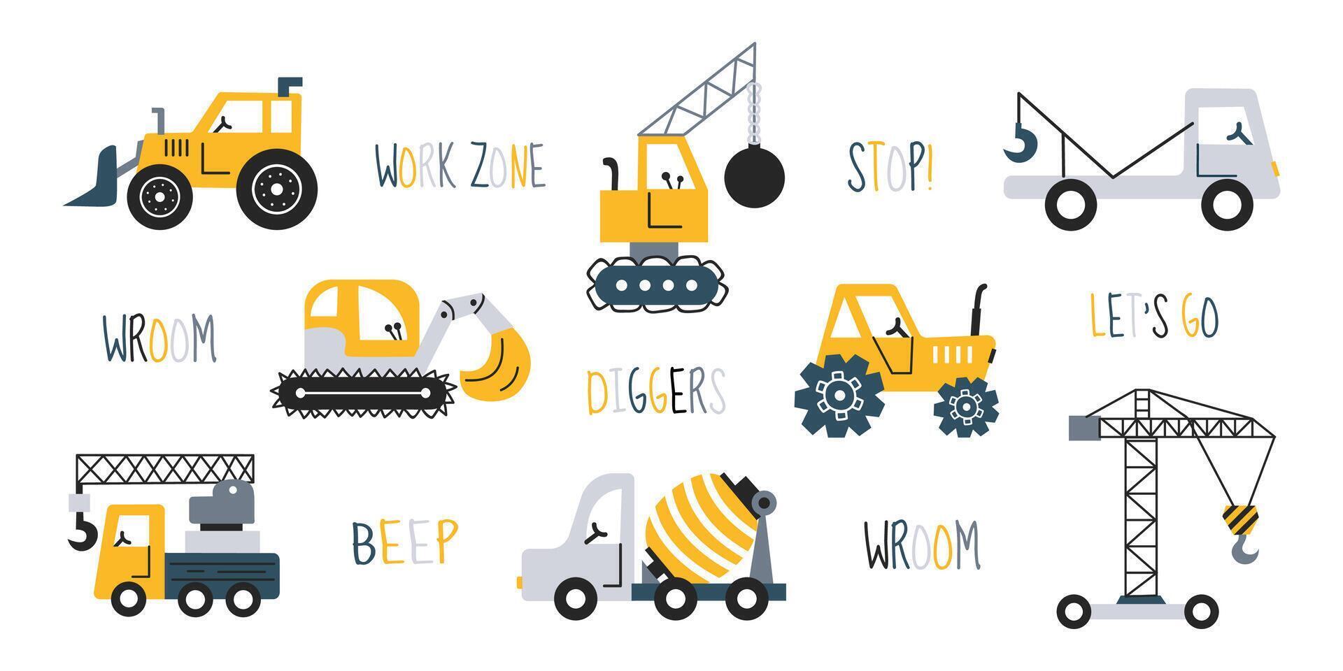 hand- getrokken schattig auto's - tractor, cement mixer, lading kraan, bulldozer, graafmachine. kinderen vector reeks van weg vervoer speelgoed. belettering Aan auto- thema. voertuig set. schattig gravers.