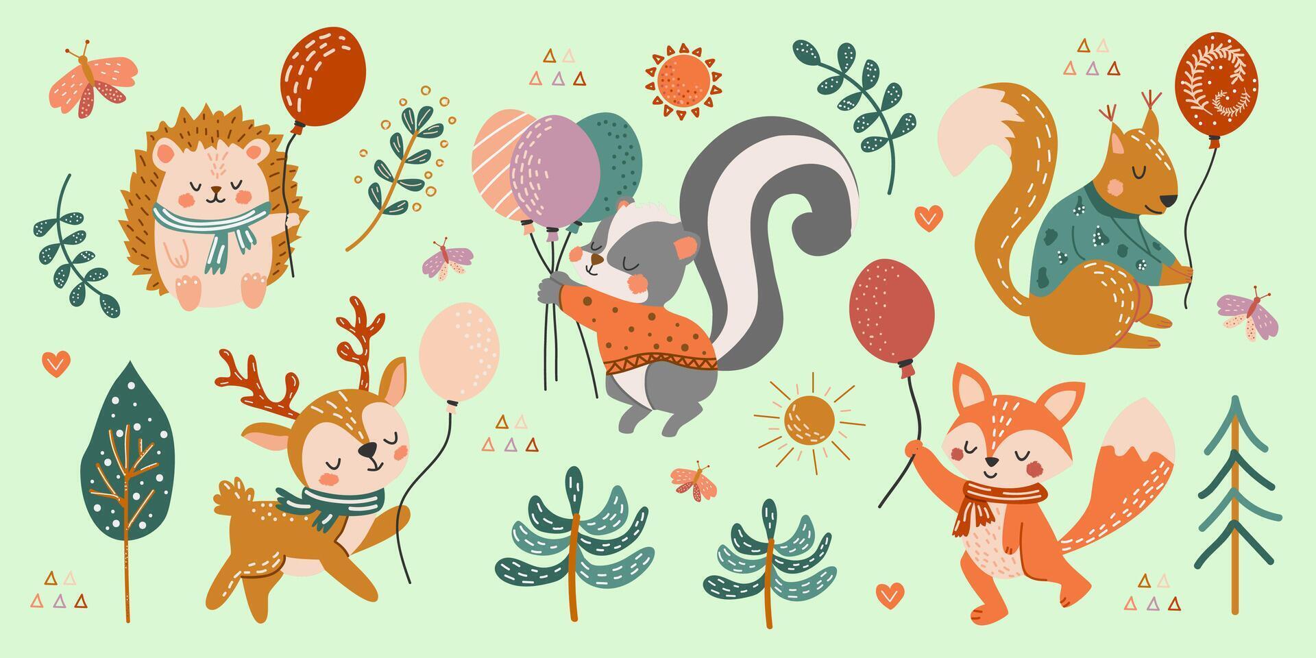 reeks van schattig Woud dieren met ballonnen. vector illustratie in hand- getrokken stijl. hert, eekhoorn, stinkdier, egel, vos in vlak stijl. kinderen creatief illustratie.
