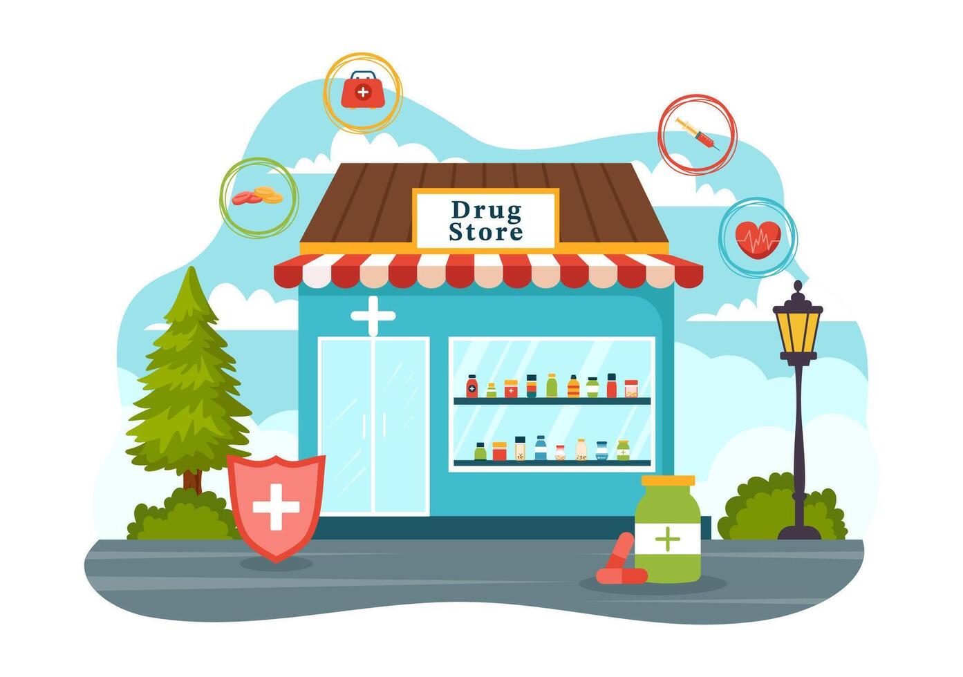 drug op te slaan vector illustratie met winkel voor de uitverkoop van drugs, een apotheker, geneesmiddel, capsules en fles in gezondheidszorg vlak tekenfilm achtergrond