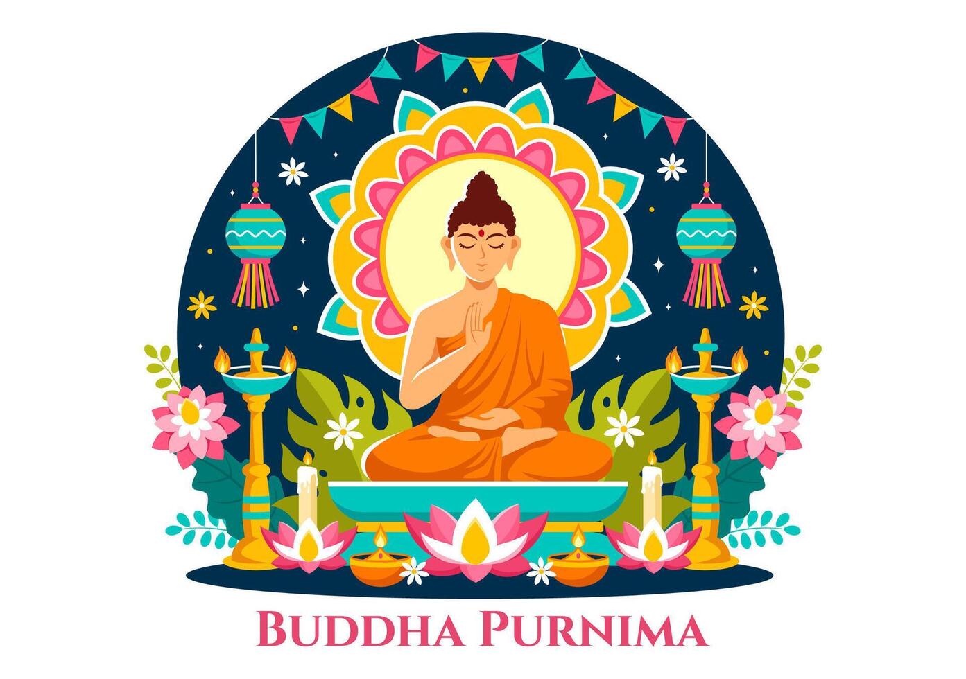 gelukkig Boeddha purnima vector illustratie van vesak dag of Indisch festival naar geestelijk met in een diep meditatie in vlak tekenfilm achtergrond
