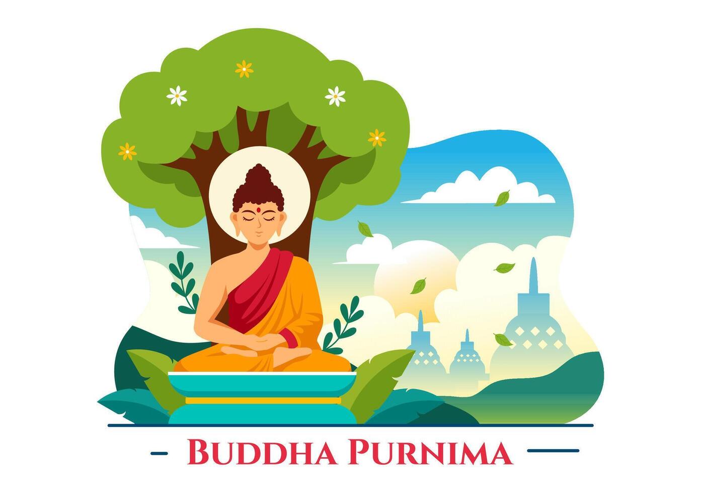 gelukkig Boeddha purnima vector illustratie van vesak dag of Indisch festival naar geestelijk met in een diep meditatie in vlak tekenfilm achtergrond