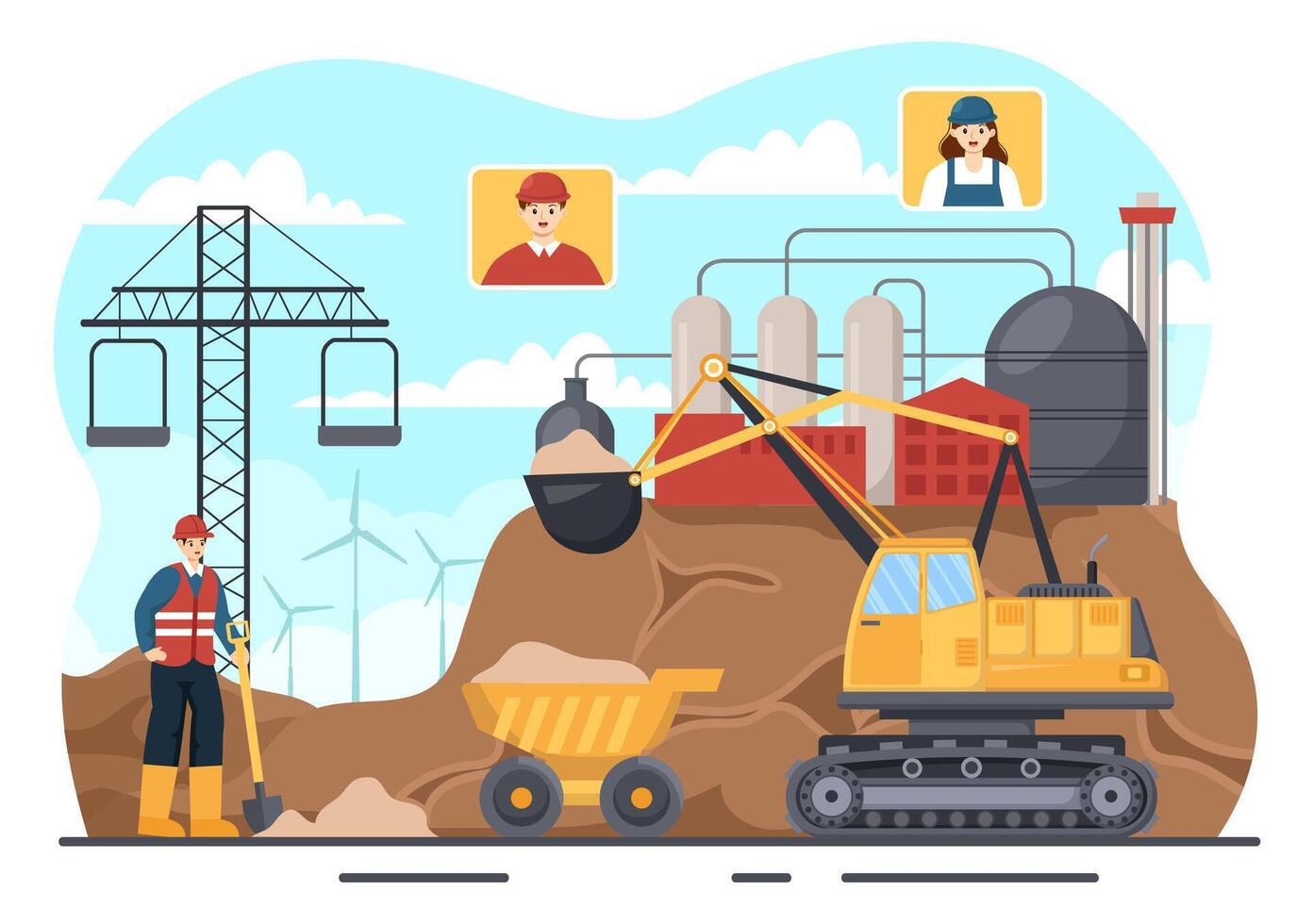 mijnbouw bedrijf vector illustratie met zwaar geel kipwagen vrachtwagens voor zand de mijne industrieel werkwijze of vervoer in vlak tekenfilm achtergrond