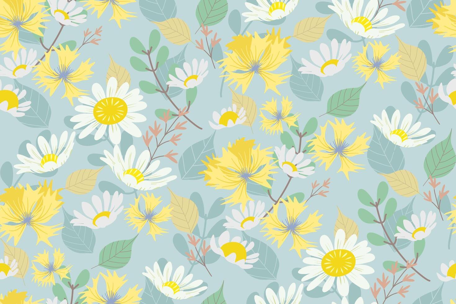 bloemen naadloos patronen wit madeliefje bloemen en geel korenbloem wilde bloemen ontwerpen voor voorjaar zomer. vector illustratie.