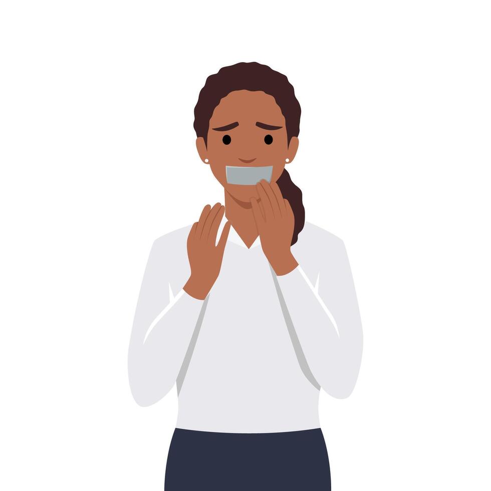 jong vrouw het zwijgen opgelegd met mond gedekt met grijs plakband. vlak vector illustratie geïsoleerd Aan wit achtergrond