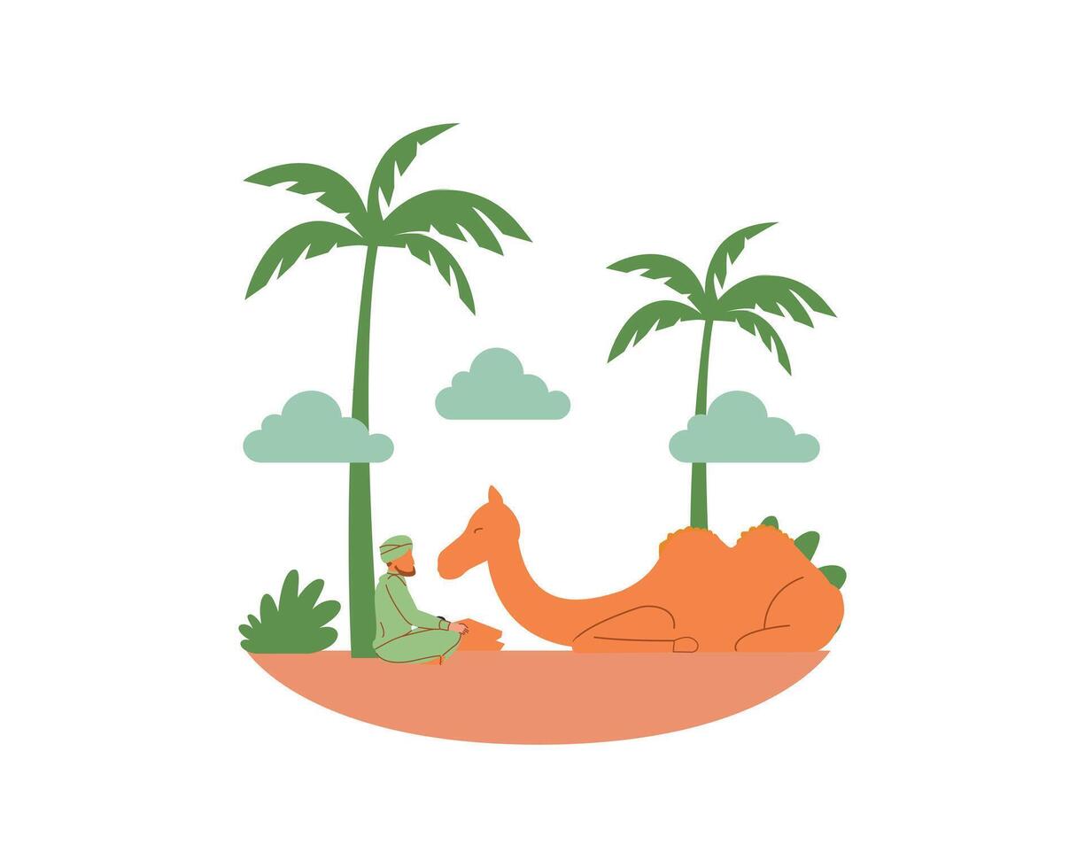Arabisch Mens zittend Aan de grond met een kameel met zand duin en palm bomen vector illustratie. dier adoptie en koesteren ontwerp concept