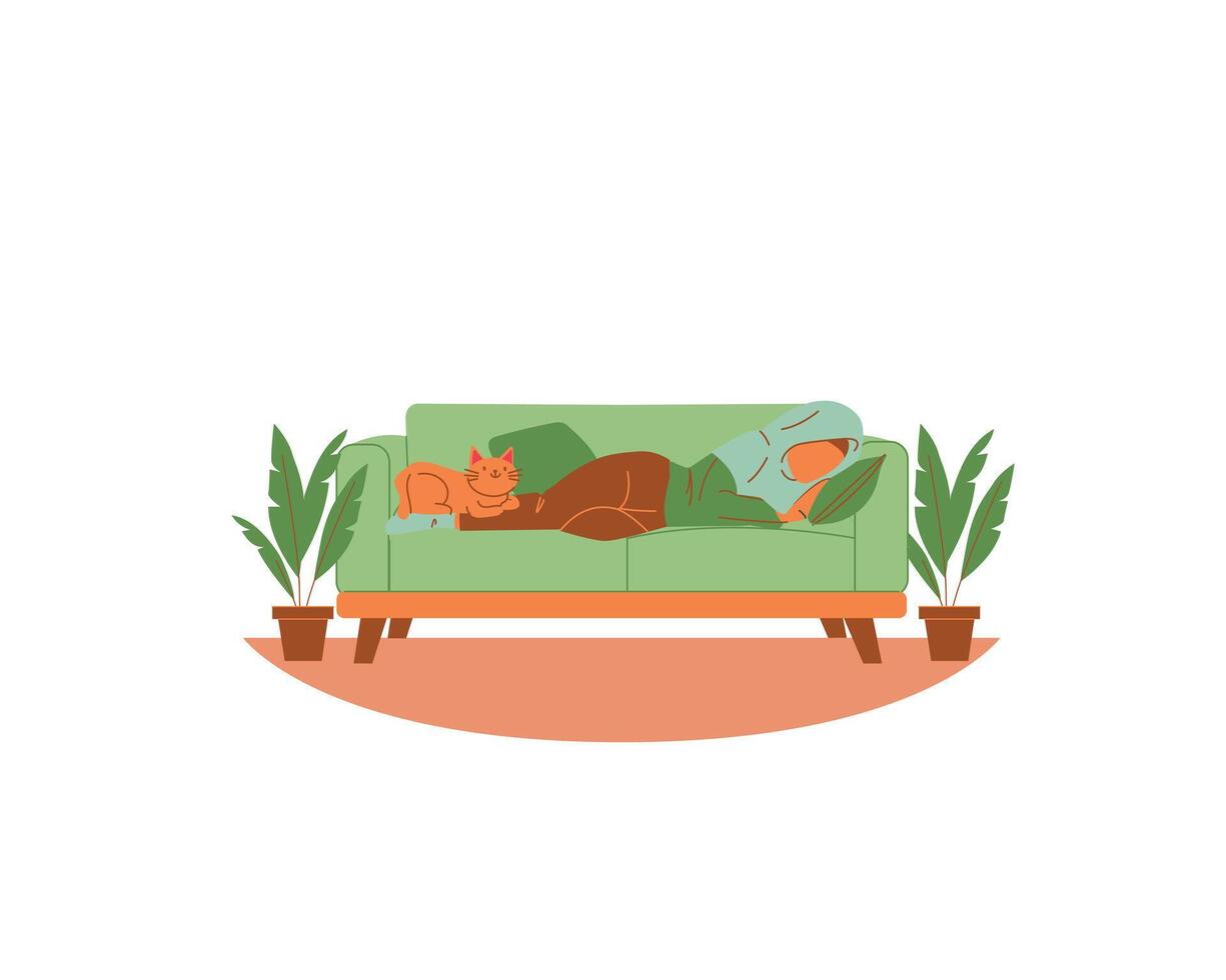 schattig jong moslim Arabisch meisje slaapt met een kat in sofa De volgende naar kamerplanten. vector illustratie ontwerp voor dier koesteren en adoptie concept