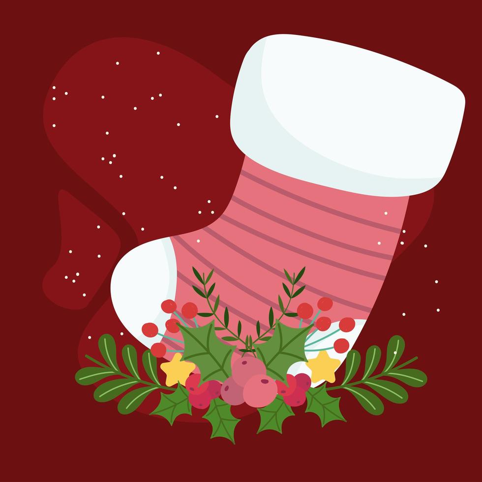 vrolijke kerstsok met hulstbes rode achtergrond vector