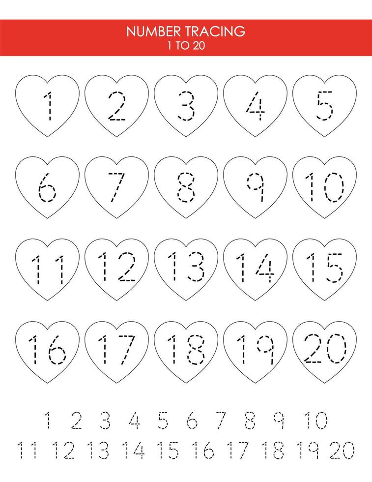 aantal traceren werkblad voor Valentijnsdag dag. prima motor vaardigheden werkzaamheid voor peuter- kinderen. leerzaam spel vector