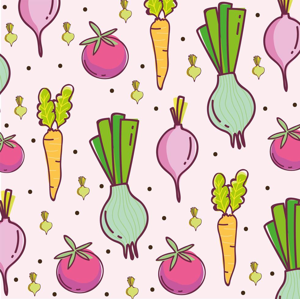 voedselpatroon, verse groenten oogst voeding wortel radijs ui achtergrond vector
