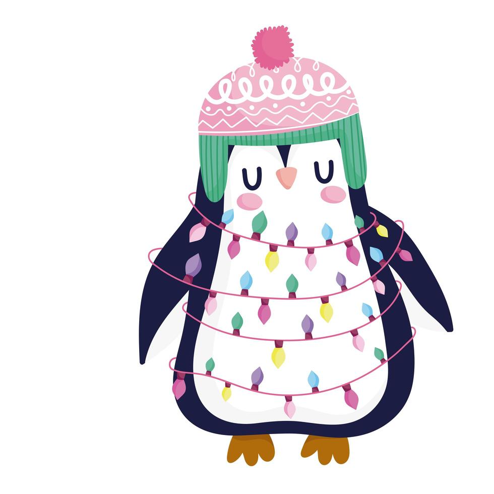vrolijk kerstfeest, pinguïn met hoed en verwarde lichten viering icoon isolatie vector