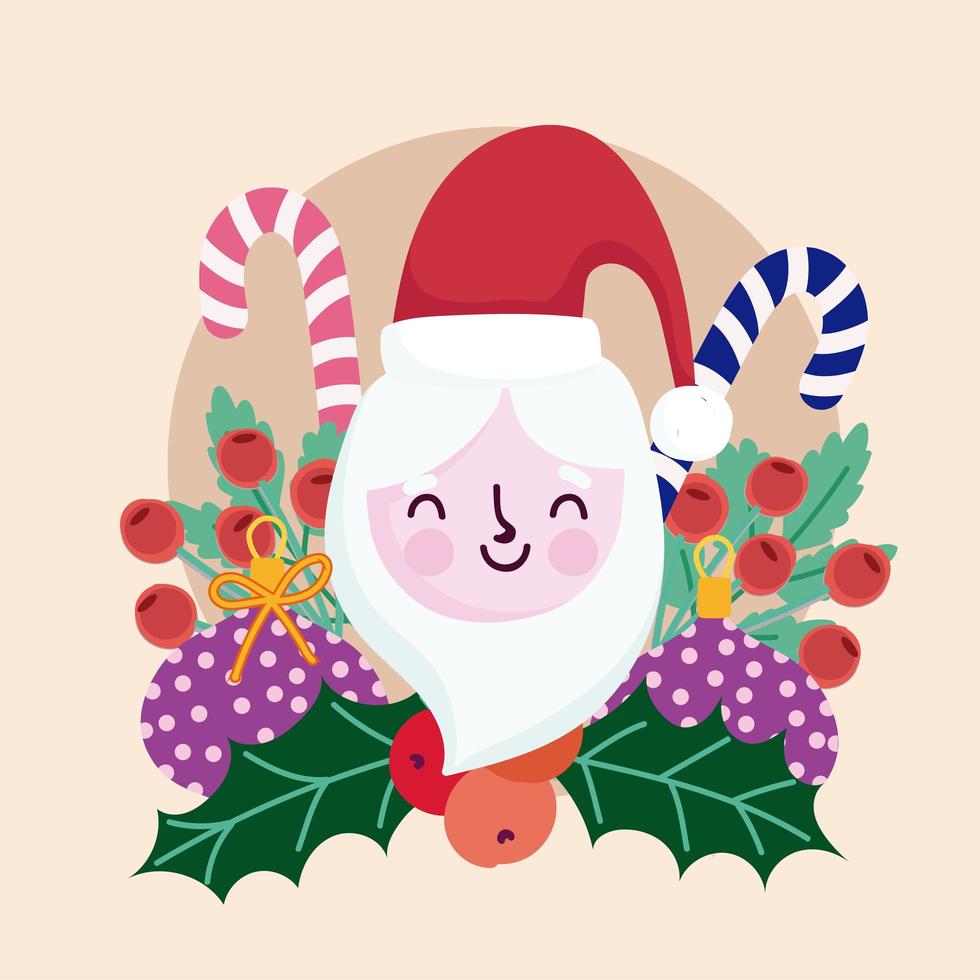 vrolijk kerstfeest schattige kerstman snoepstokken hulstbes decoratie vector