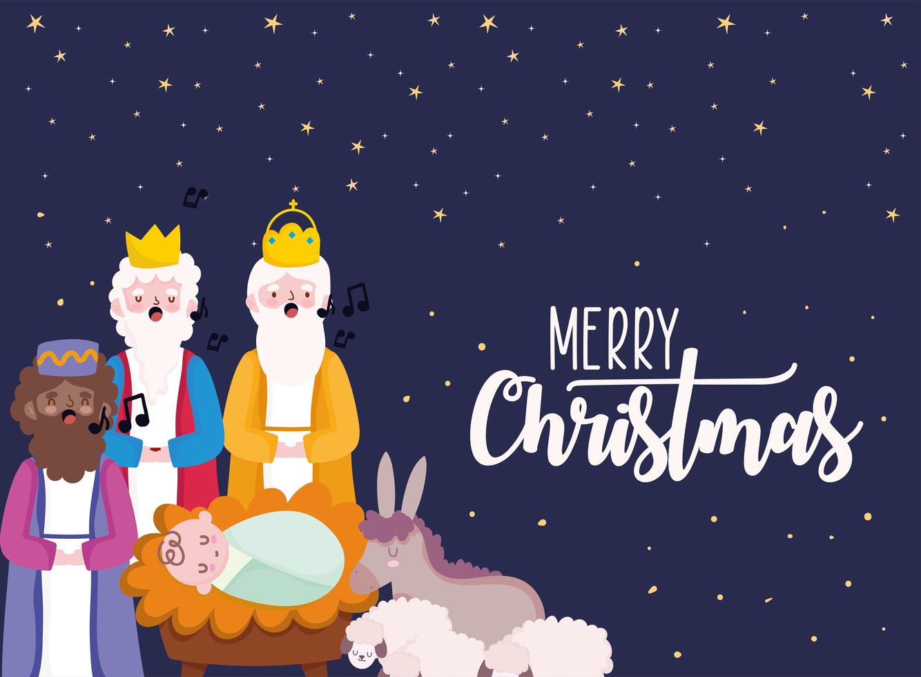 kerststal, kribbe wijze koningen baby ezel en schapen kaart cartoon vector