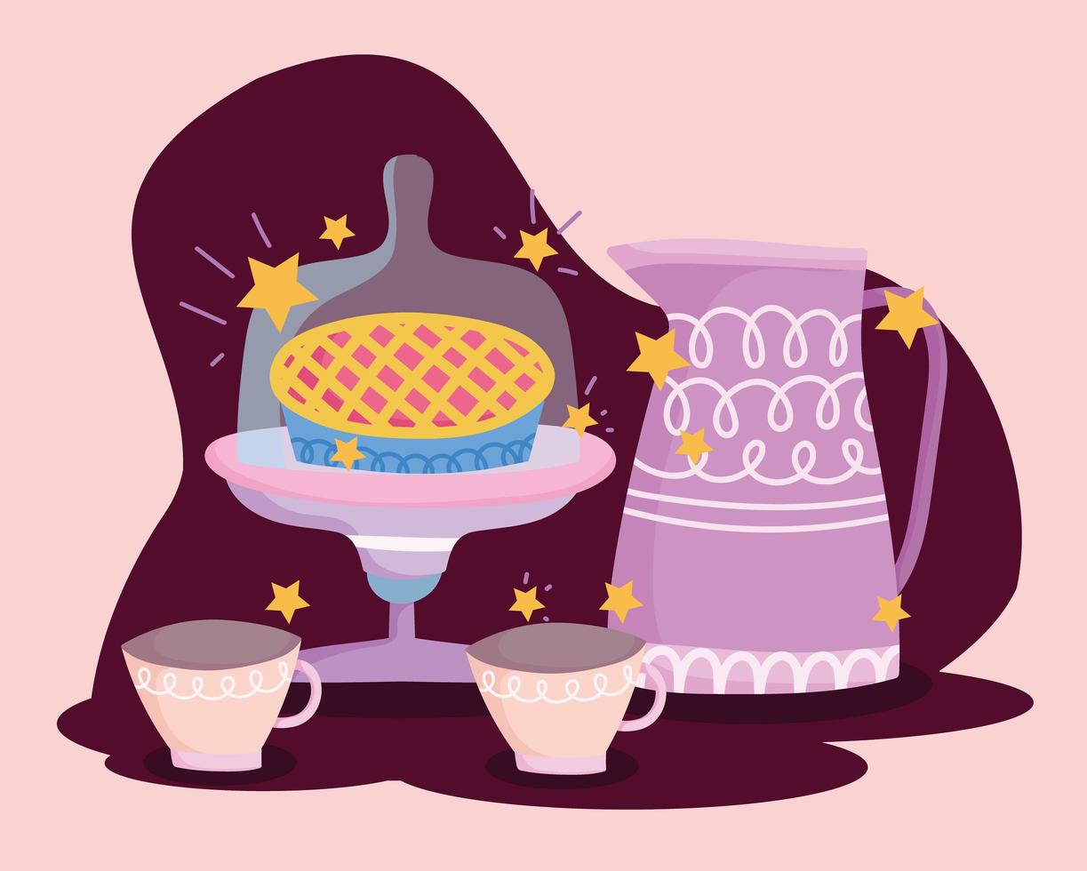 theepotcake en koffiekopjes koken in belettering in cartoonstijl vector