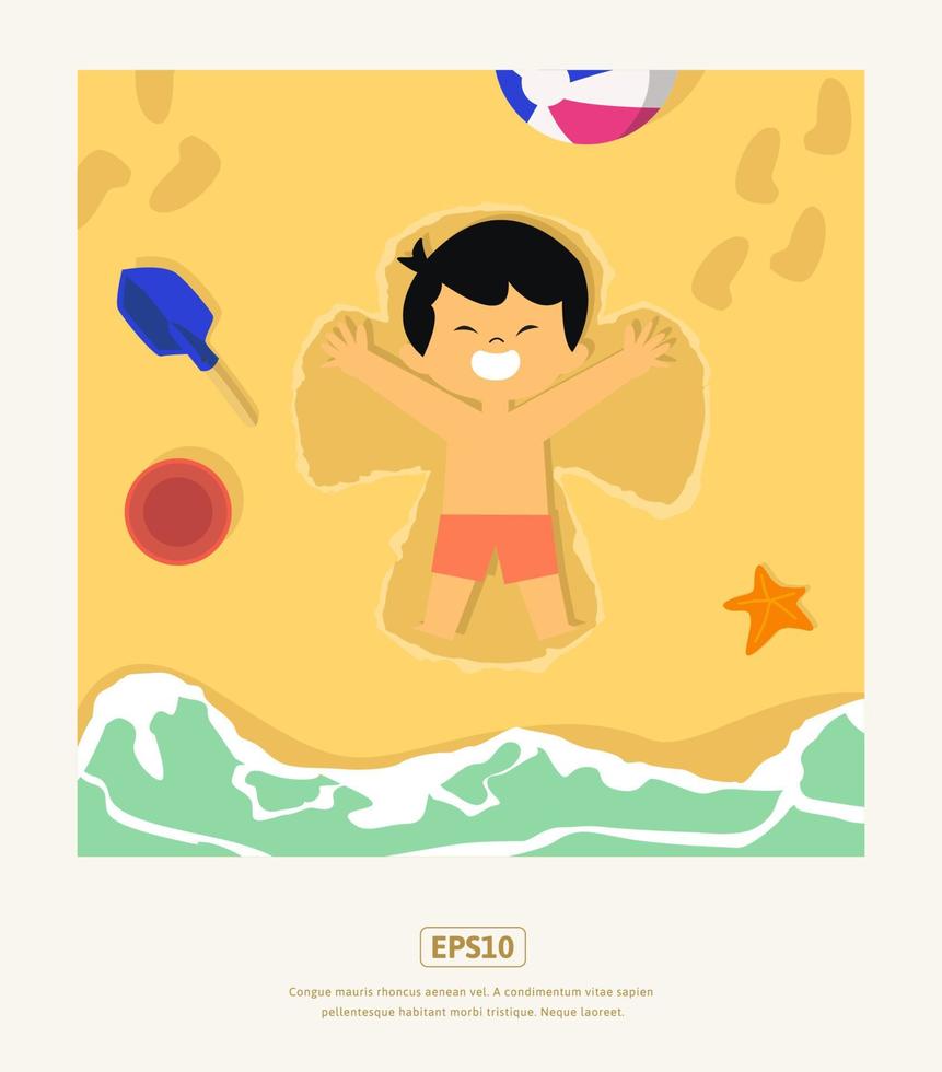 zomer vlakke afbeelding, met jongen die zand speelt vector