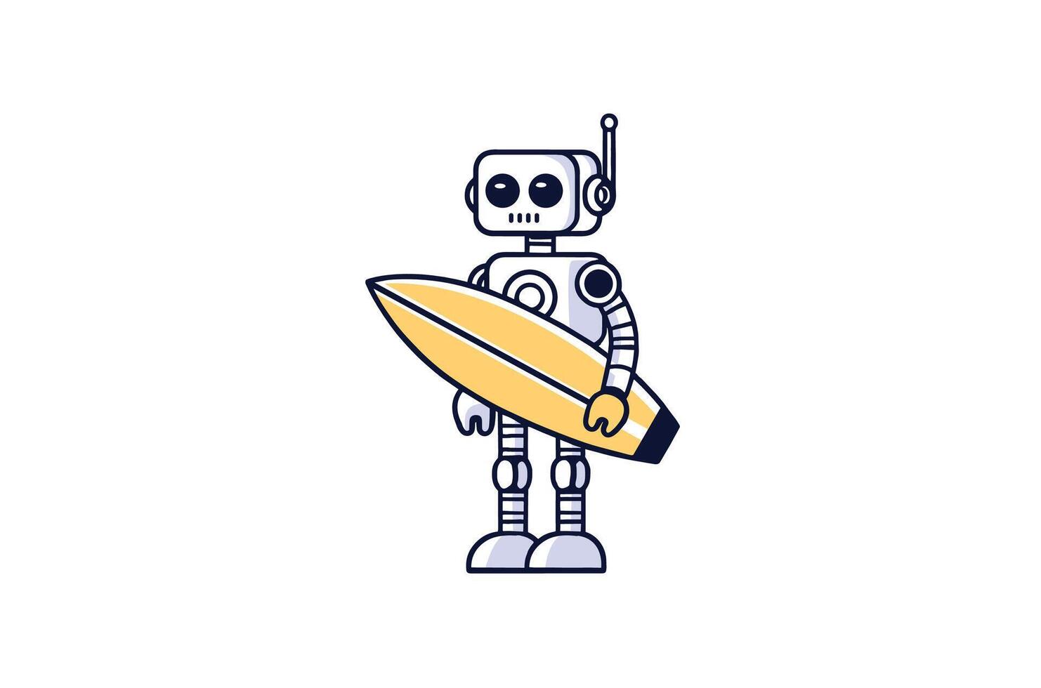 schattig robot brengen een surfboard voor surfing tekenfilm vector icoon illustratie. wetenschap voedsel icoon concept geïsoleerd premie vector. vlak tekenfilm stijl