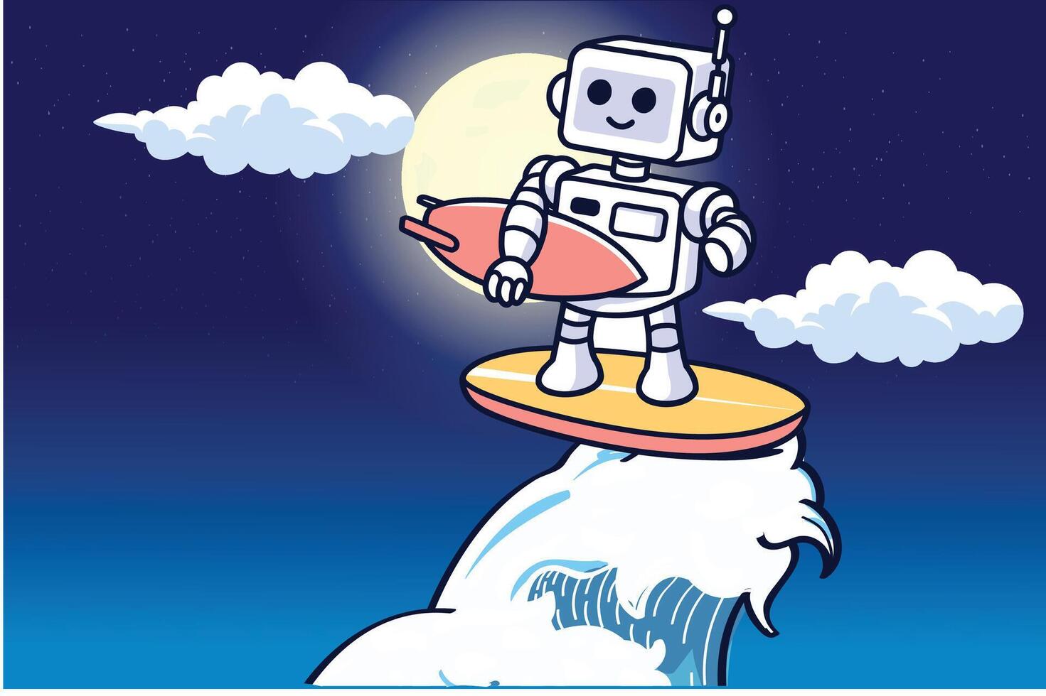 schattig robot surfing Aan de strand met rijden groot golven tekenfilm vector icoon illustratie. achtergrond Aan strand icoon concept geïsoleerd premie vector. vlak tekenfilm stijl