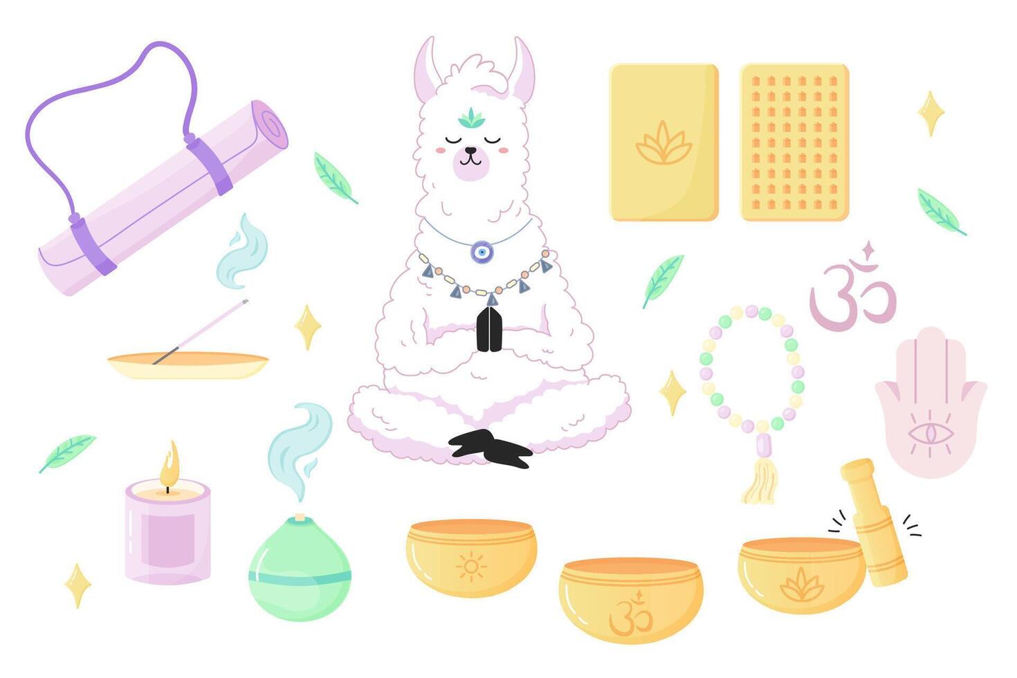 yoga sticker set. lama mediteren, hand- getrokken elementen van de reeks aroma stokken, mat, het zingen kommen, geluid genezing. vector vlak. verzameling van yoga artikelen, apparatuur.