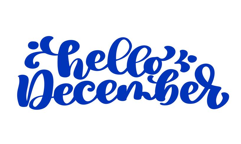 Hallo december blauwe tekst, hand belettering zin. Vector illustratie t-shirt of briefkaart afdrukken ontwerp, vector kalligrafie tekst ontwerpsjablonen, geïsoleerd op een witte achtergrond