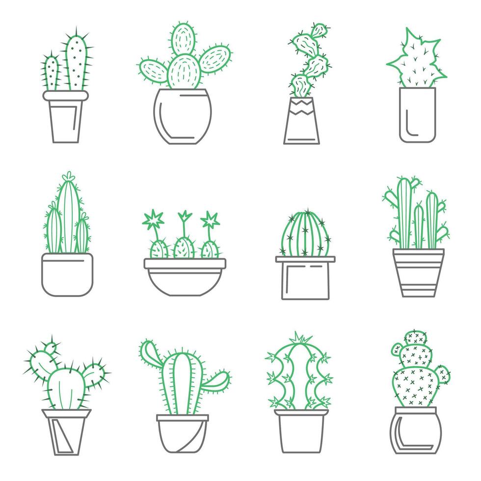 cactus teken dun lijn icoon set. vector