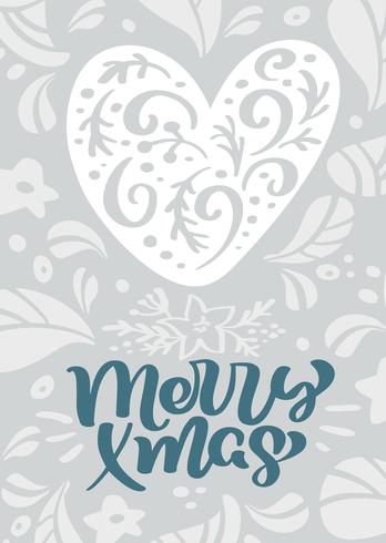 Merry Xmas Skandinavische vector kalligrafie belettering tekst in de kerstkaart ontwerp met hart. Hand getrokken illustratie van bloementextuur. Geïsoleerde objecten