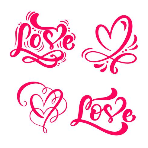 Set van rode kalligrafie woord liefde en harten vector