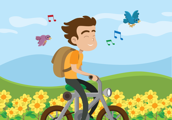 Een jongen fietsten op een bloem veld vector