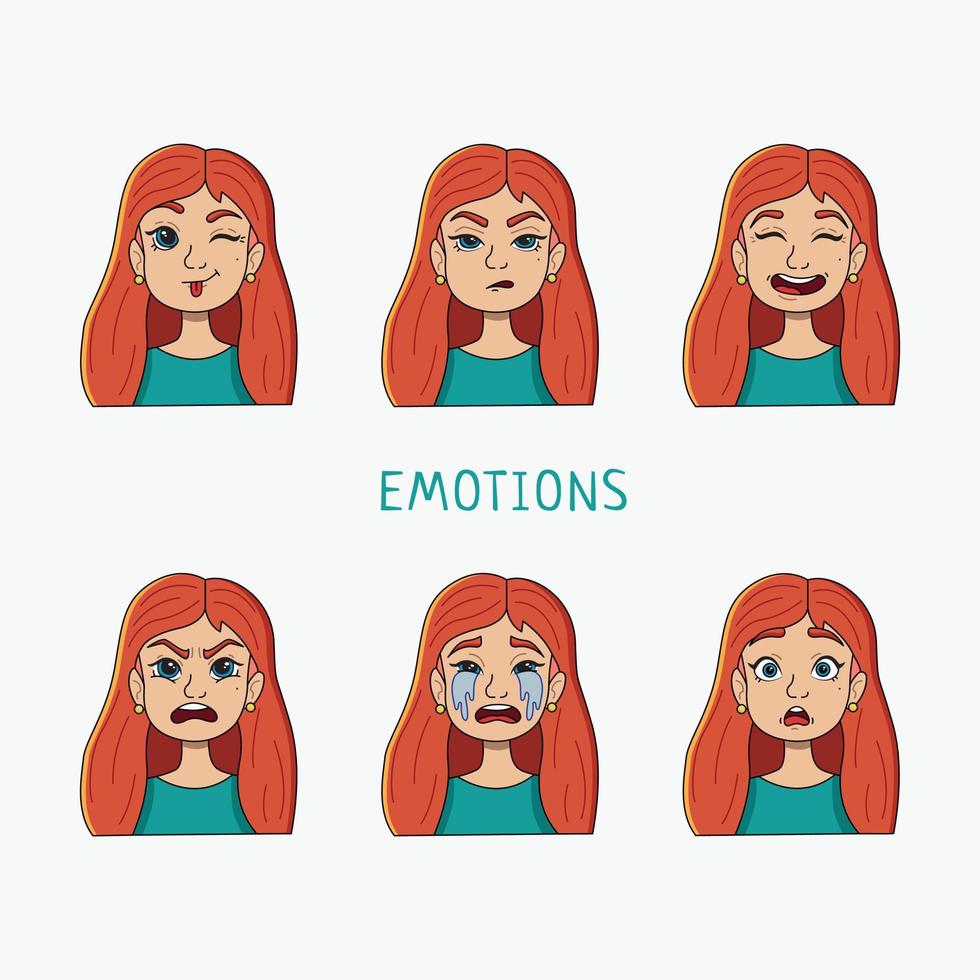 een set meisjes met verschillende emoties. vector