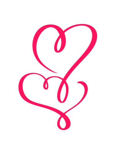 Paar rode Vector Valentijnsdag Hand getekende kalligrafische twee harten. Vakantie ontwerp element valentine. Icoon liefdes decor voor web, bruiloft en print. Geïsoleerde kalligrafie belettering illustratie