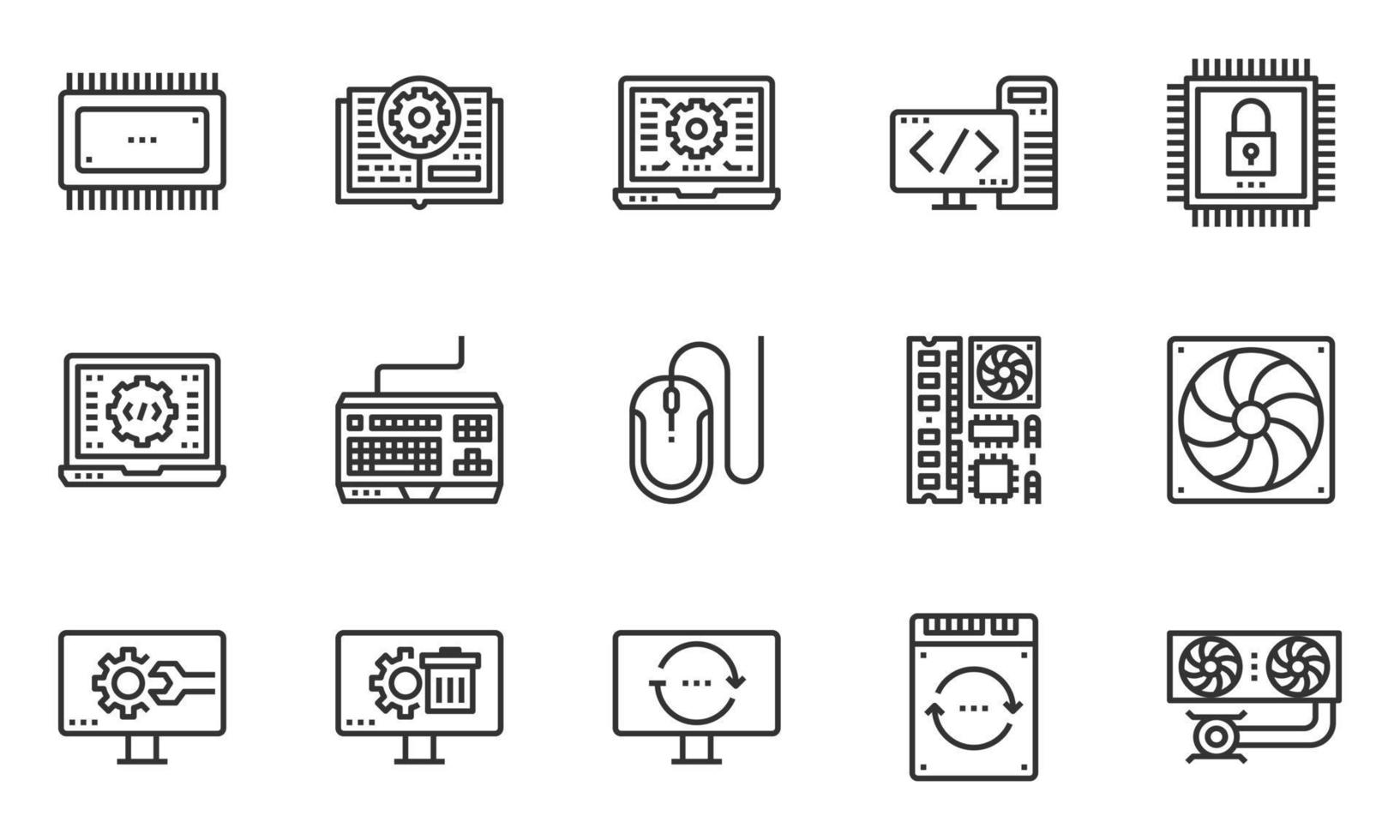 computer hardware lijn pictogrammen, koelsysteem, software, laptop vector