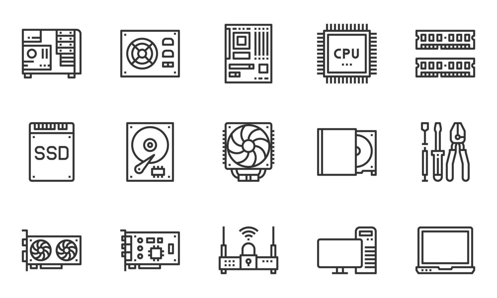 computer hardware lijn iconen, moederbord, cpu chip, case computer, vector
