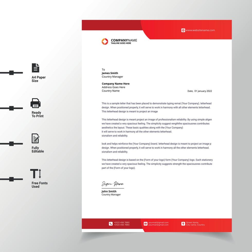 abstract zakelijk briefhoofdsjabloon rood modern a4 briefhoofd volledig klaar voor afdrukken en aanpasbaar vector