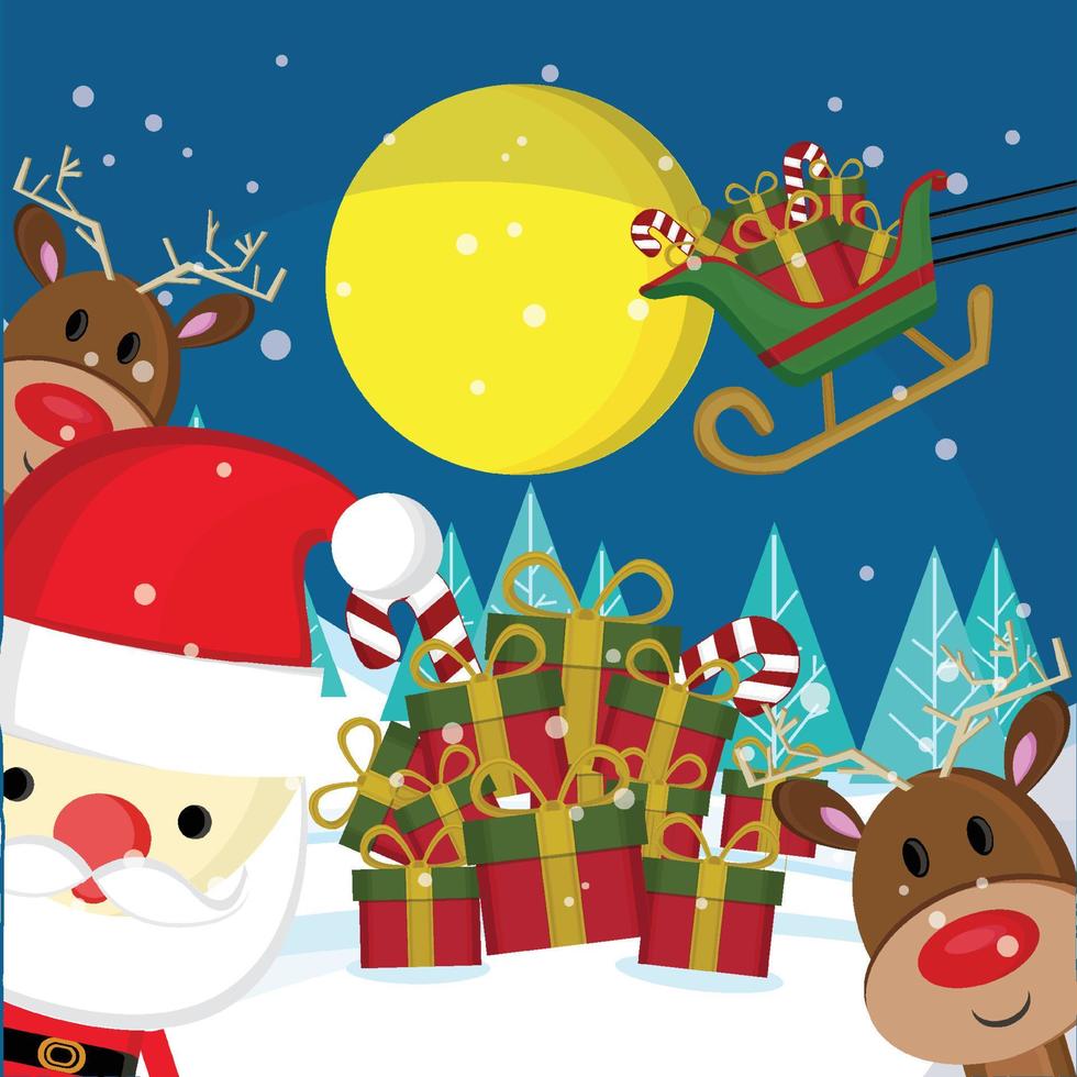 kerstkaart. kerstman met geschenken, sneeuwpop, hert en kerstboom. banner prettige kerstdagen en gelukkig nieuwjaar vector