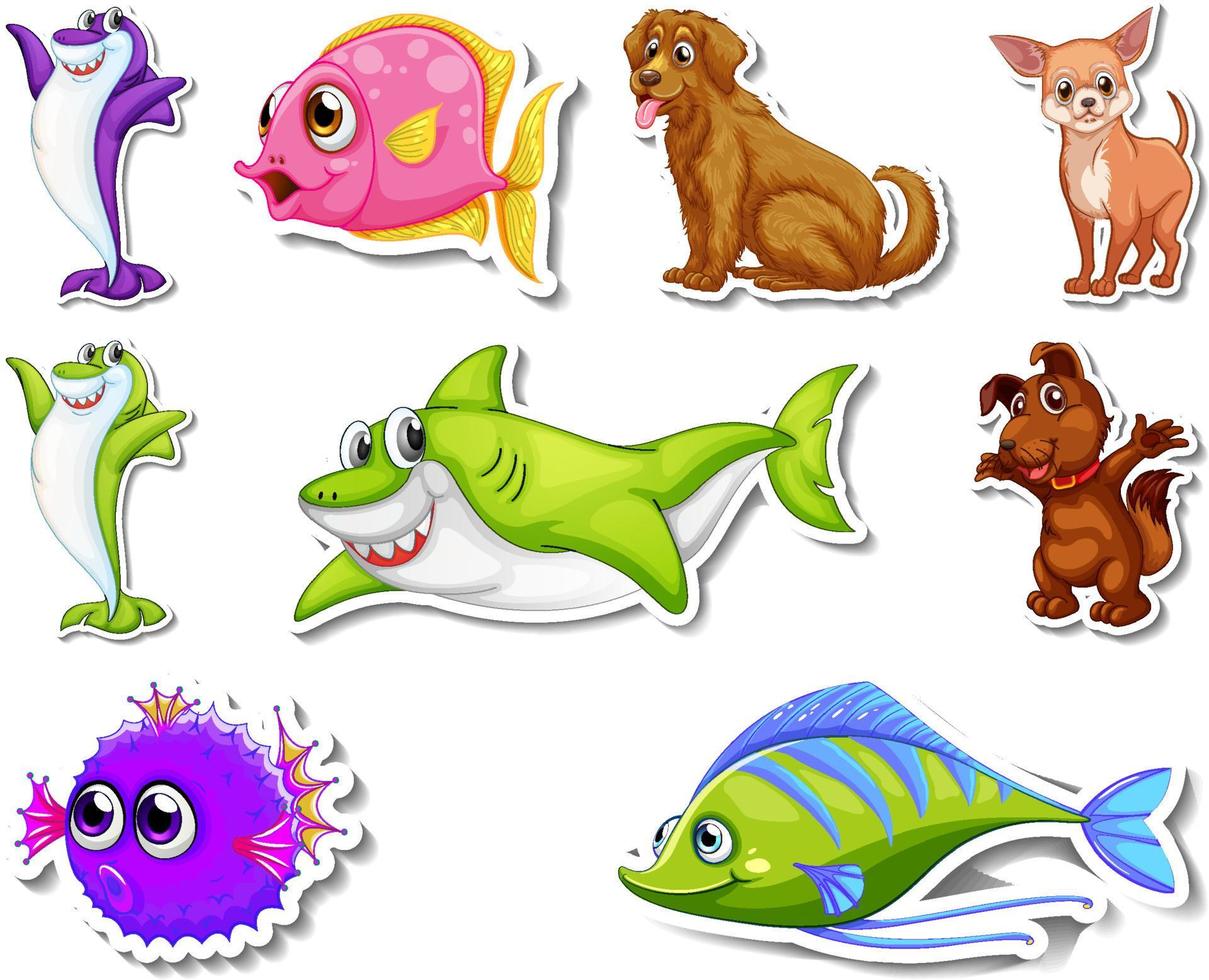 set stickers met zeedieren en honden stripfiguur dogs vector