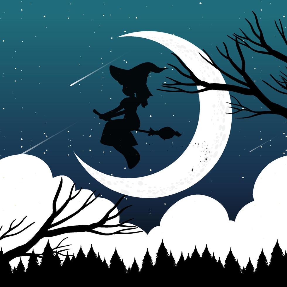 halloween nacht achtergrond met heks silhouet vector